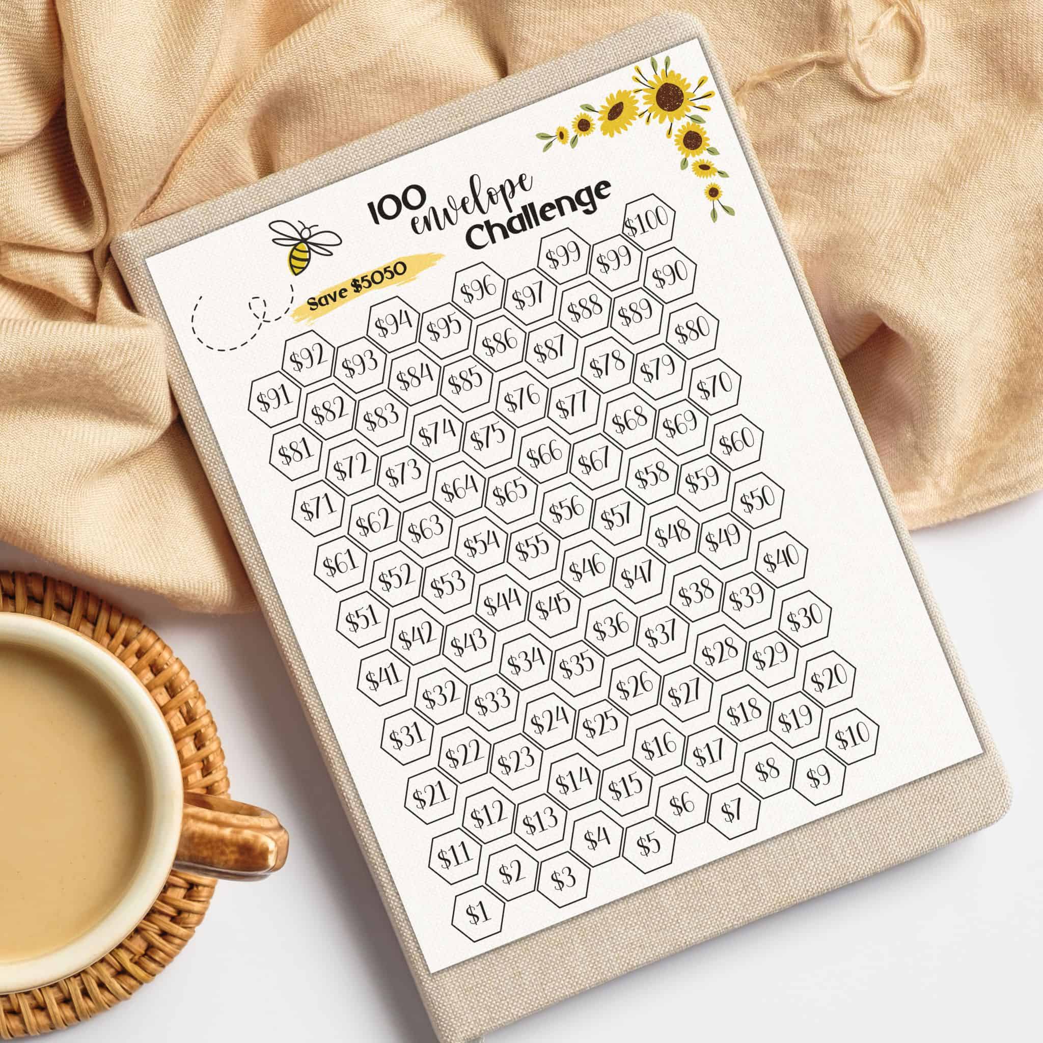 Bee themed 100 envelope savings challenge