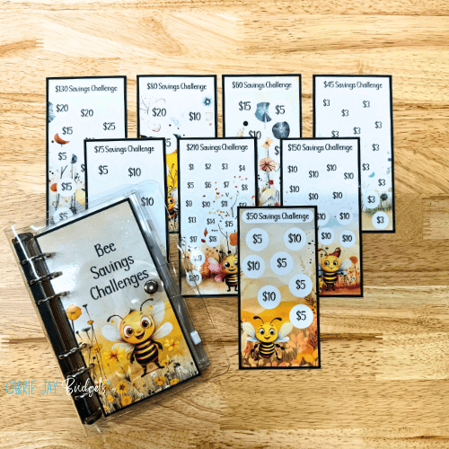 Bee themed savings challenge trackers with clear binder